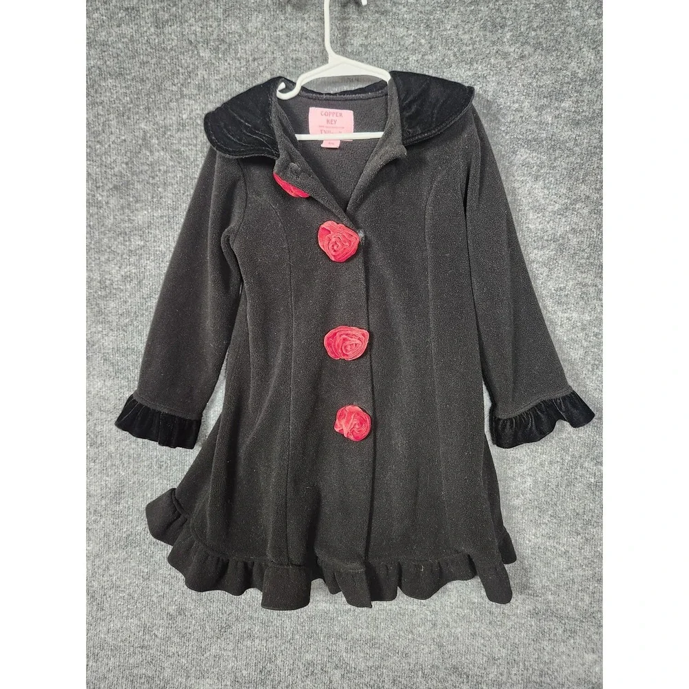 Copper Key Coat Girls 4/5 Black Ruffle Dress Jacket Red Rose Buttons Velvet Trim